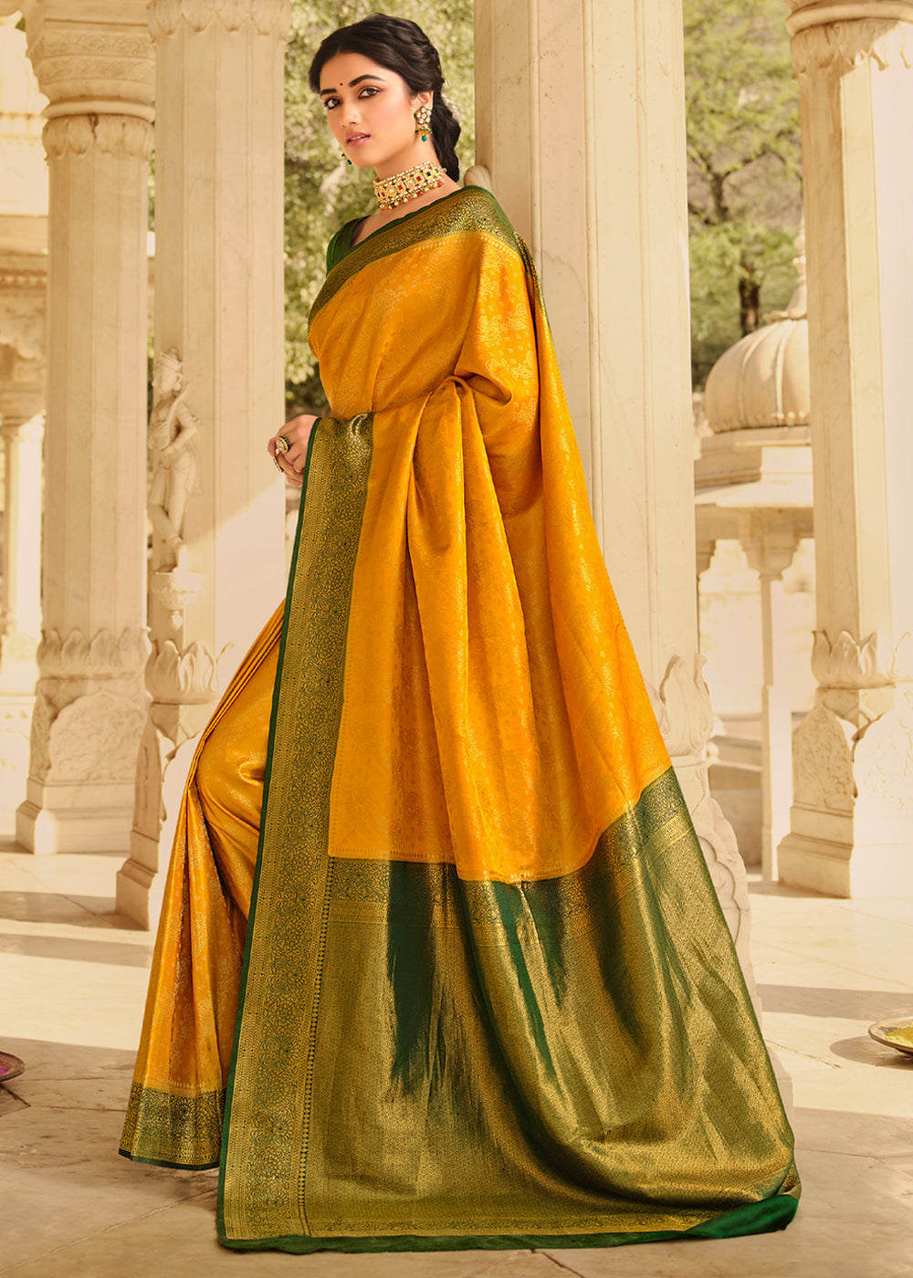 Sea Yellow and Green Zari Woven Kanjivaram Saree