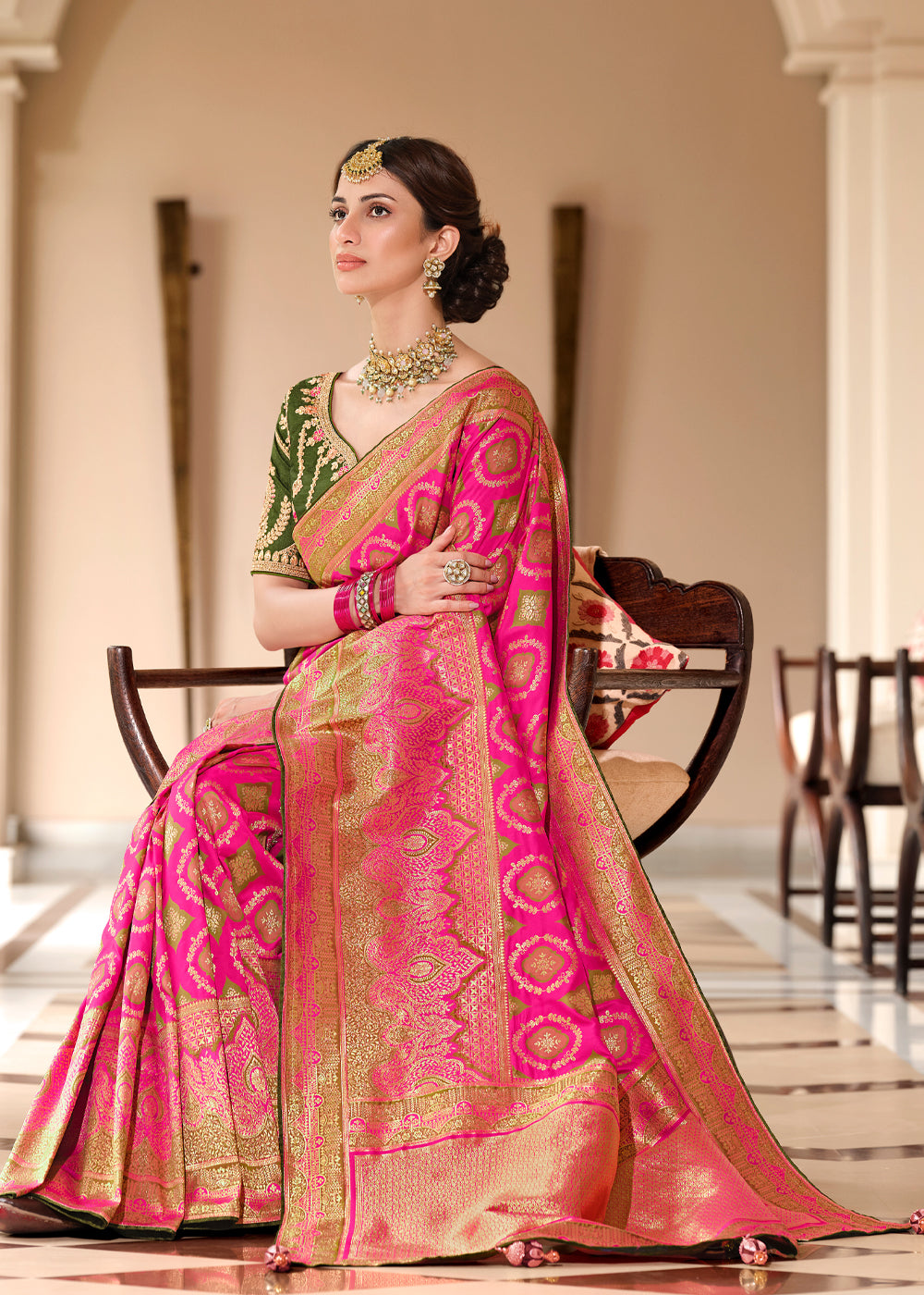 Geraldine Pink and Green Woven Designer Banarasi Silk Saree