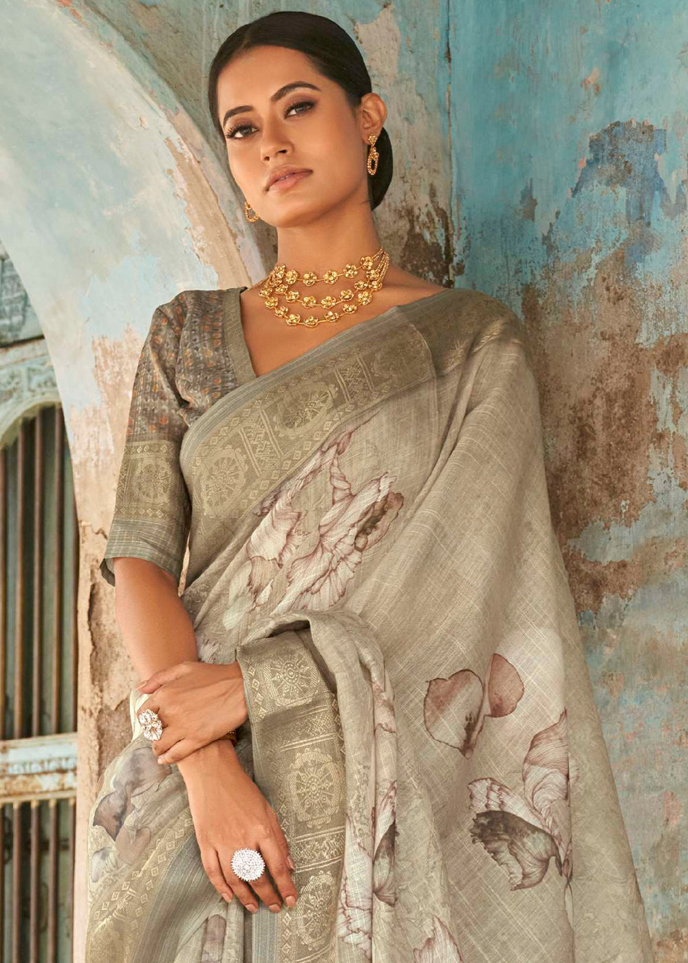 Mongoose Light Grey Floral Printed Linen Silk Saree