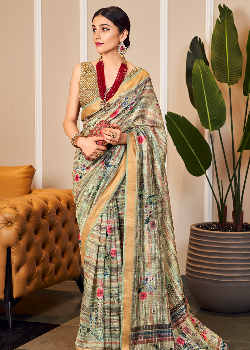 Tallow Green Linen Saree with Digital Print