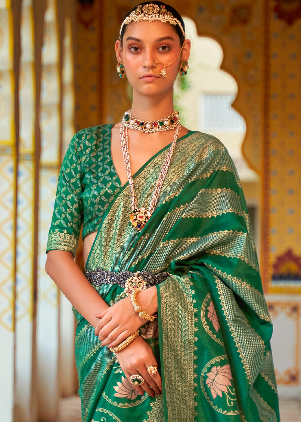 Pine Green Zari Woven Banarasi Saree