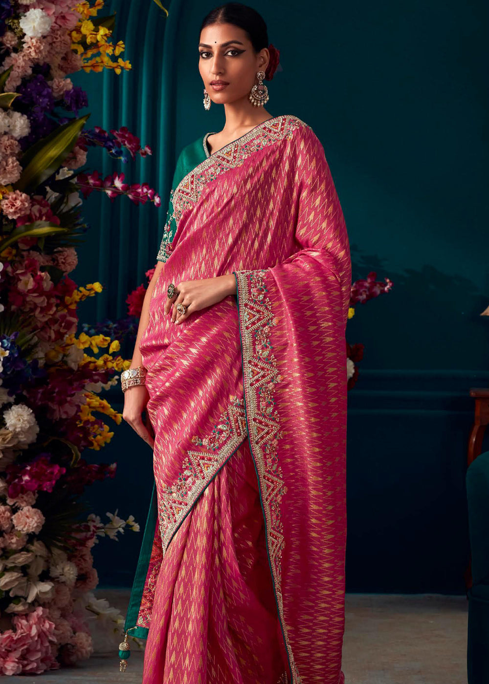 Petite Pink Woven Embroidered Banarasi Silk Saree