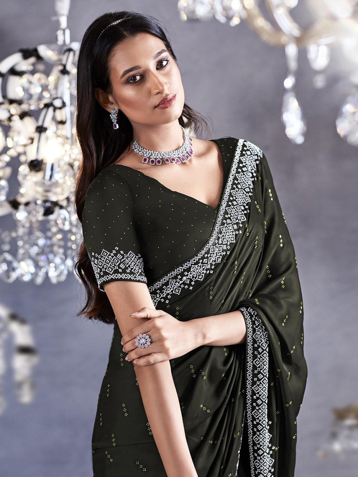 Rangitoto Green Woven Embroidered Satin Silk Saree