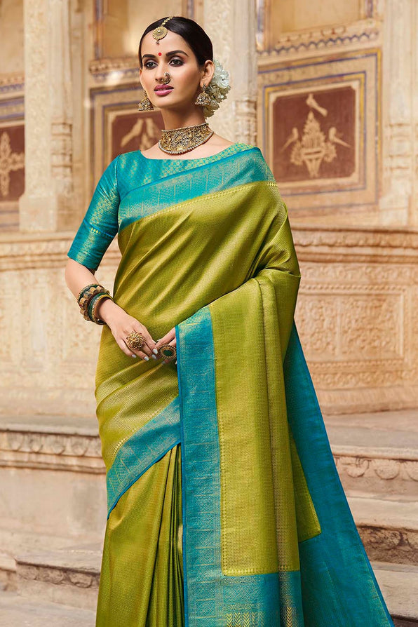 Lemon Ginger Green and Blue Zari Woven Kanjivaram Saree