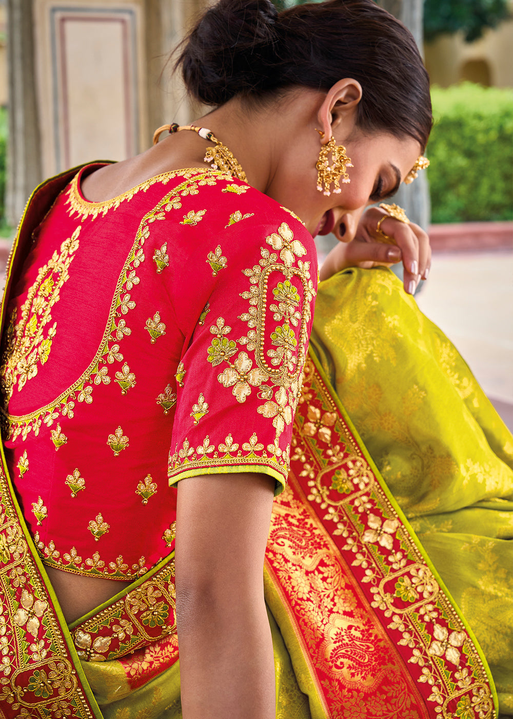 Anzac Green and Red Embroidered Dola Silk Saree