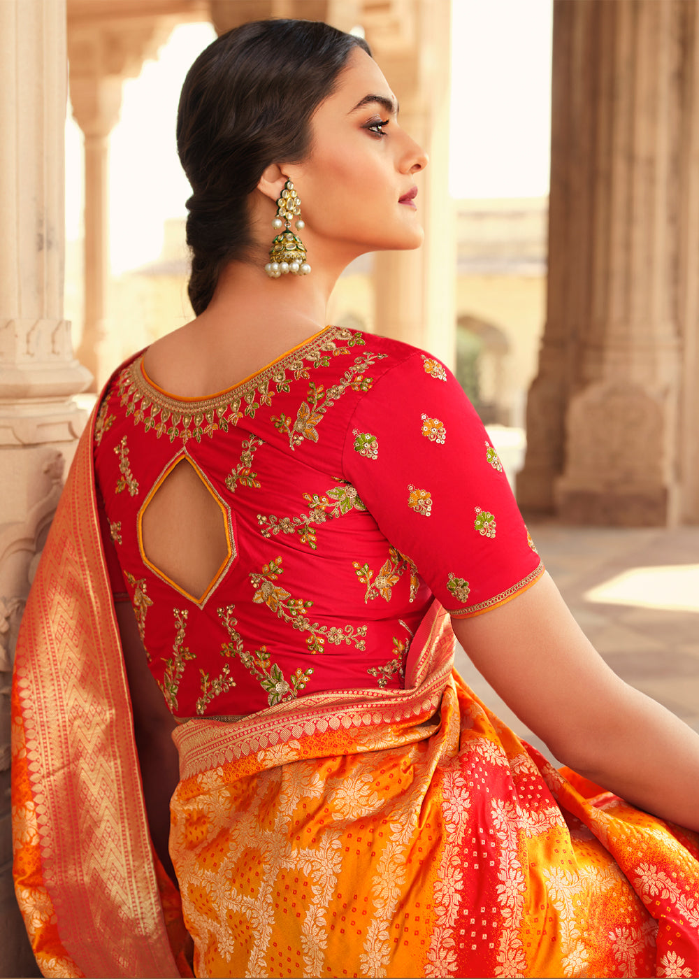 Texas Orange and Red Zari Woven Banarasi Saree with Designer Blouse