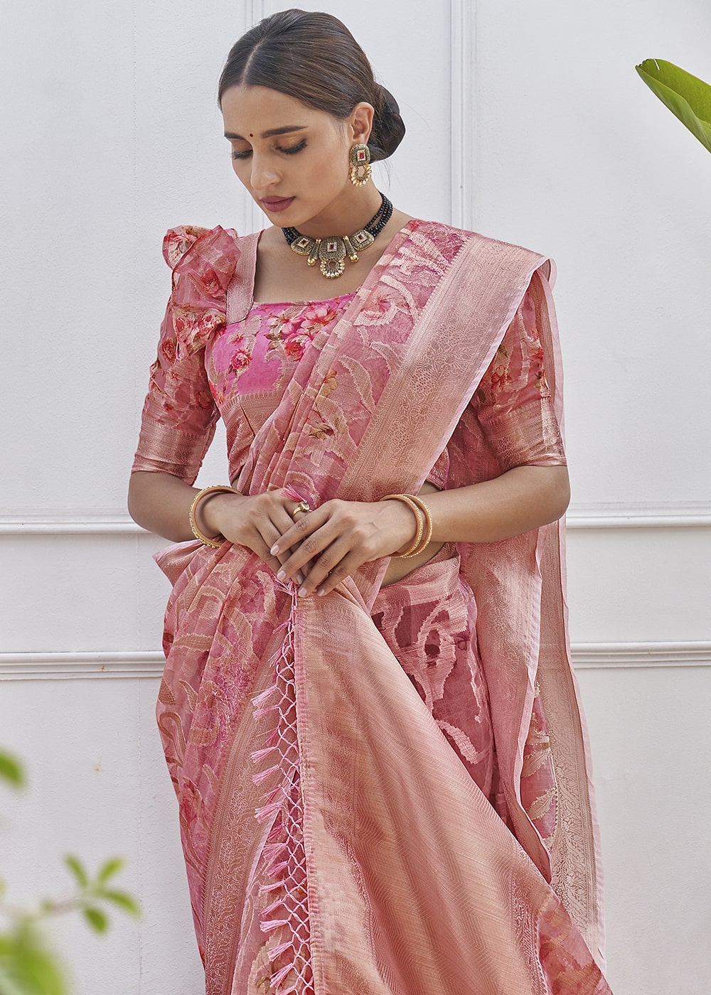 Copper Penny Pink Digital Printed Organza Silk Saree