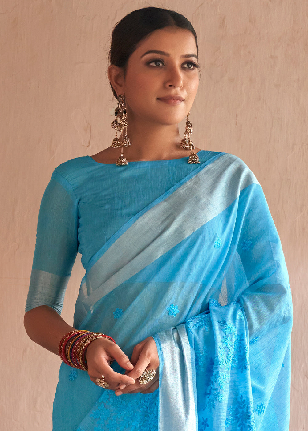 Denim Blue Floral Embroidered Linen Saree