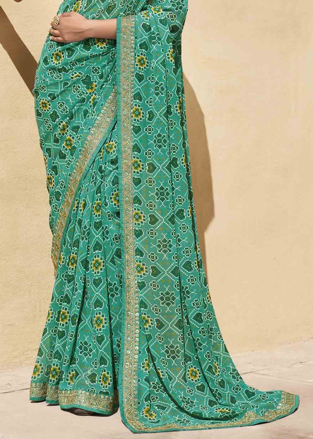 Jet Stream Green Patola Print Georgette Saree With Embroidered Blouse