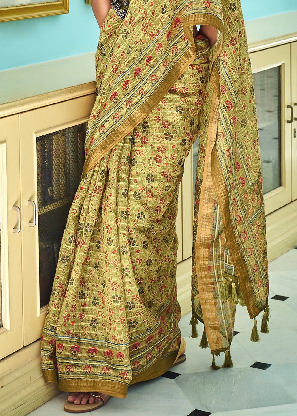 Laser Green Printed Linen Saree