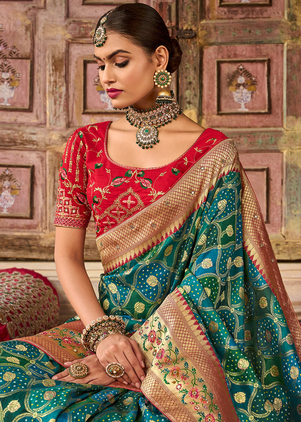 Stromboli Green and Red Patola Printed Dola Silk Saree With Embroidered Blouse