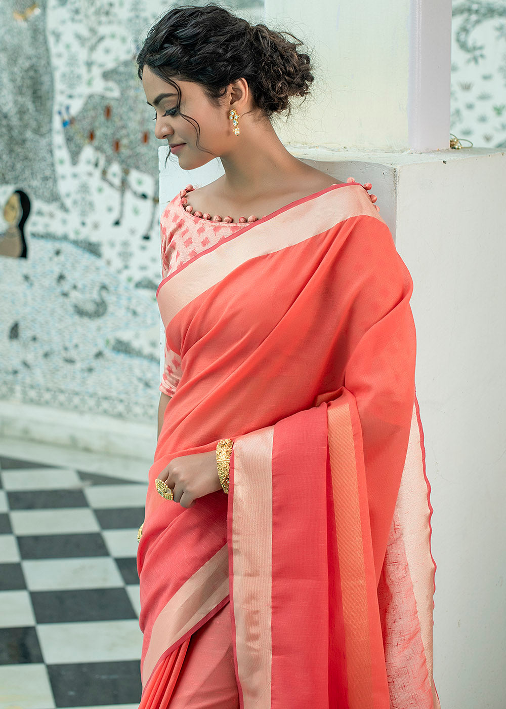 Pearl Red Zari Woven Linen Saree