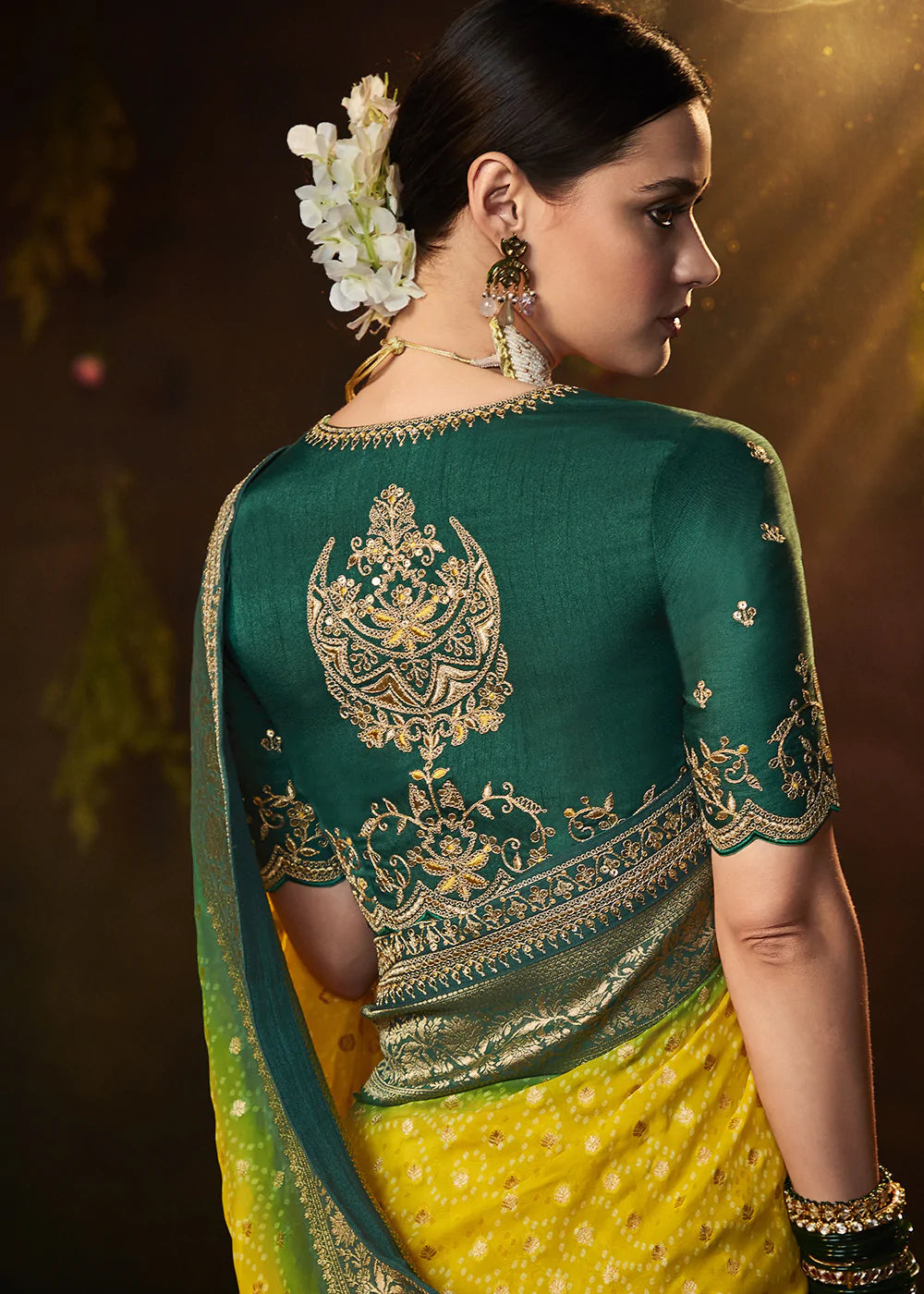 Yellow and Green Handloom Georgette Saree with Embroidered Blouse