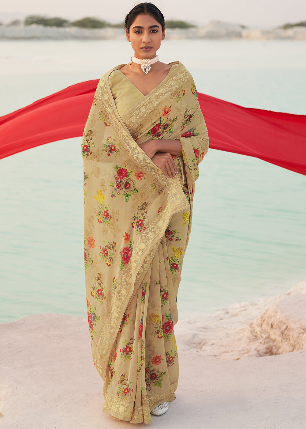 Calico Brown Digital Printed Chiffon Saree