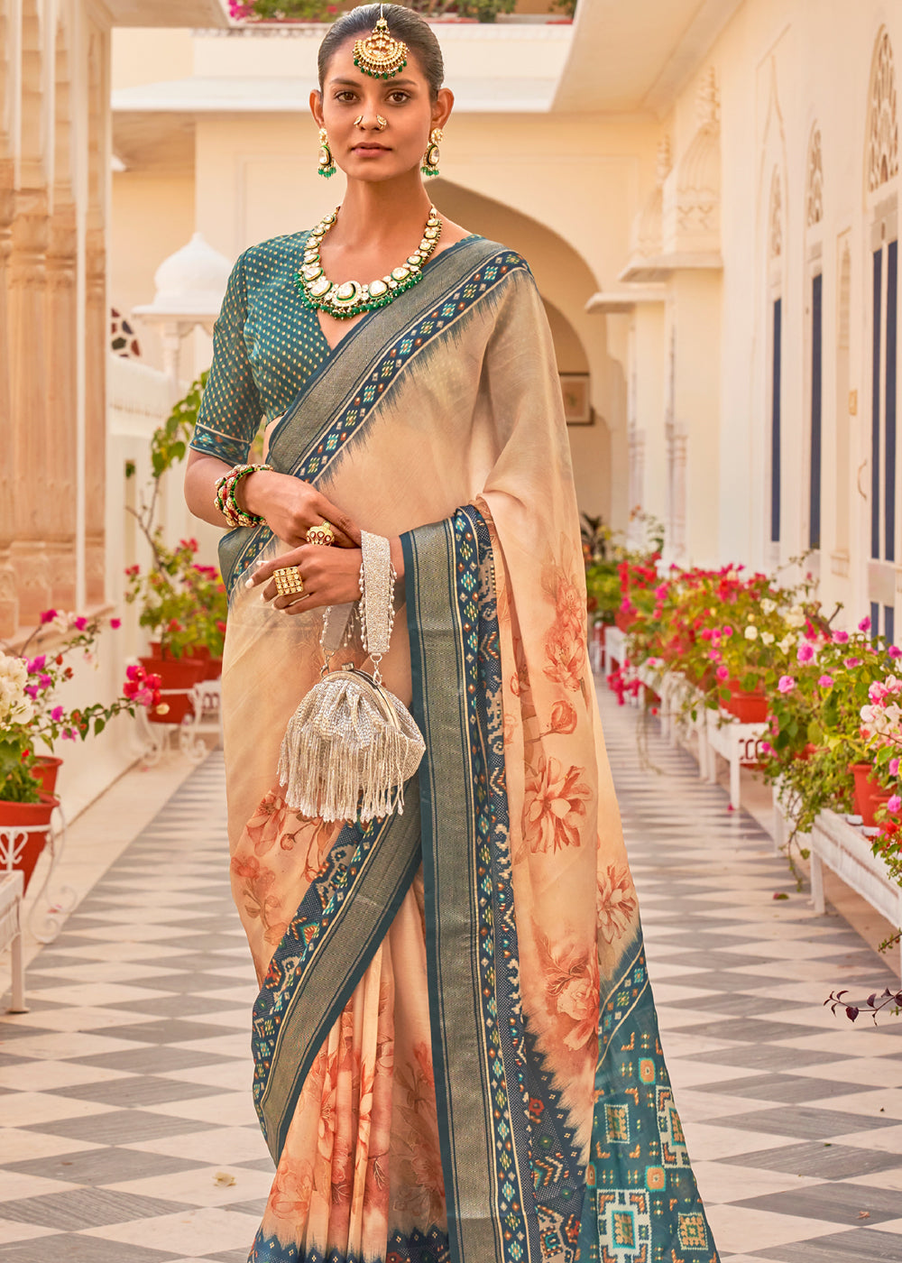 Tumbleweed Peach Printed Chiffon Patola Silk Saree