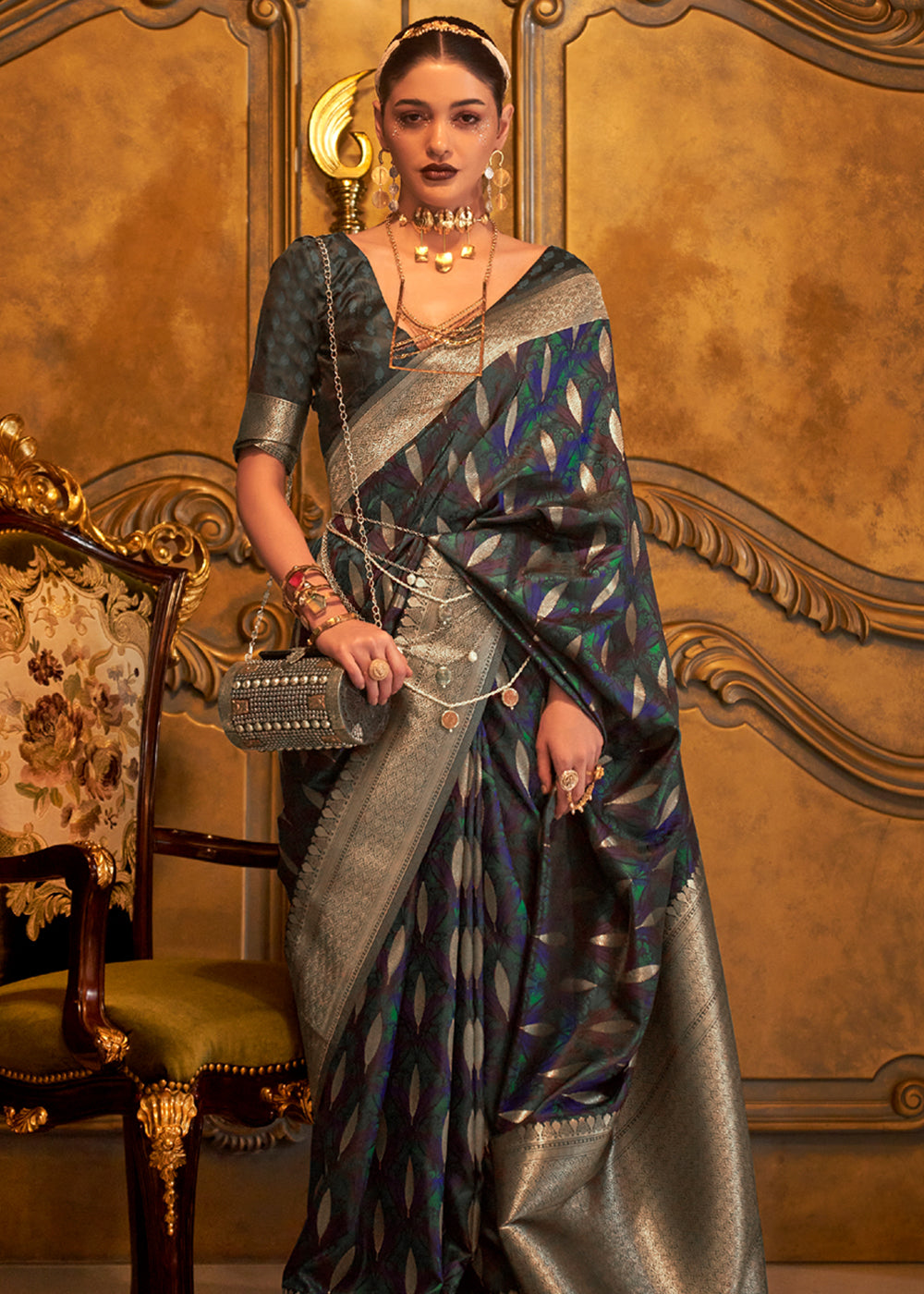 Elm Blue Banarasi Satin Silk Saree