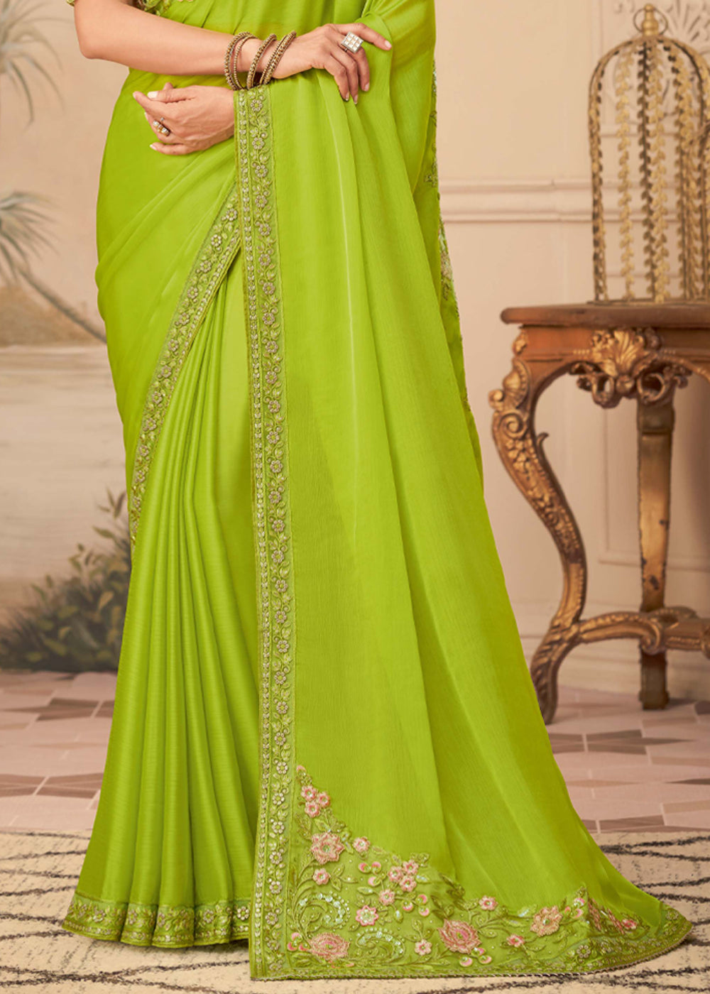 Pistachio Green Georgette Designer Saree with Embroidered Blouse