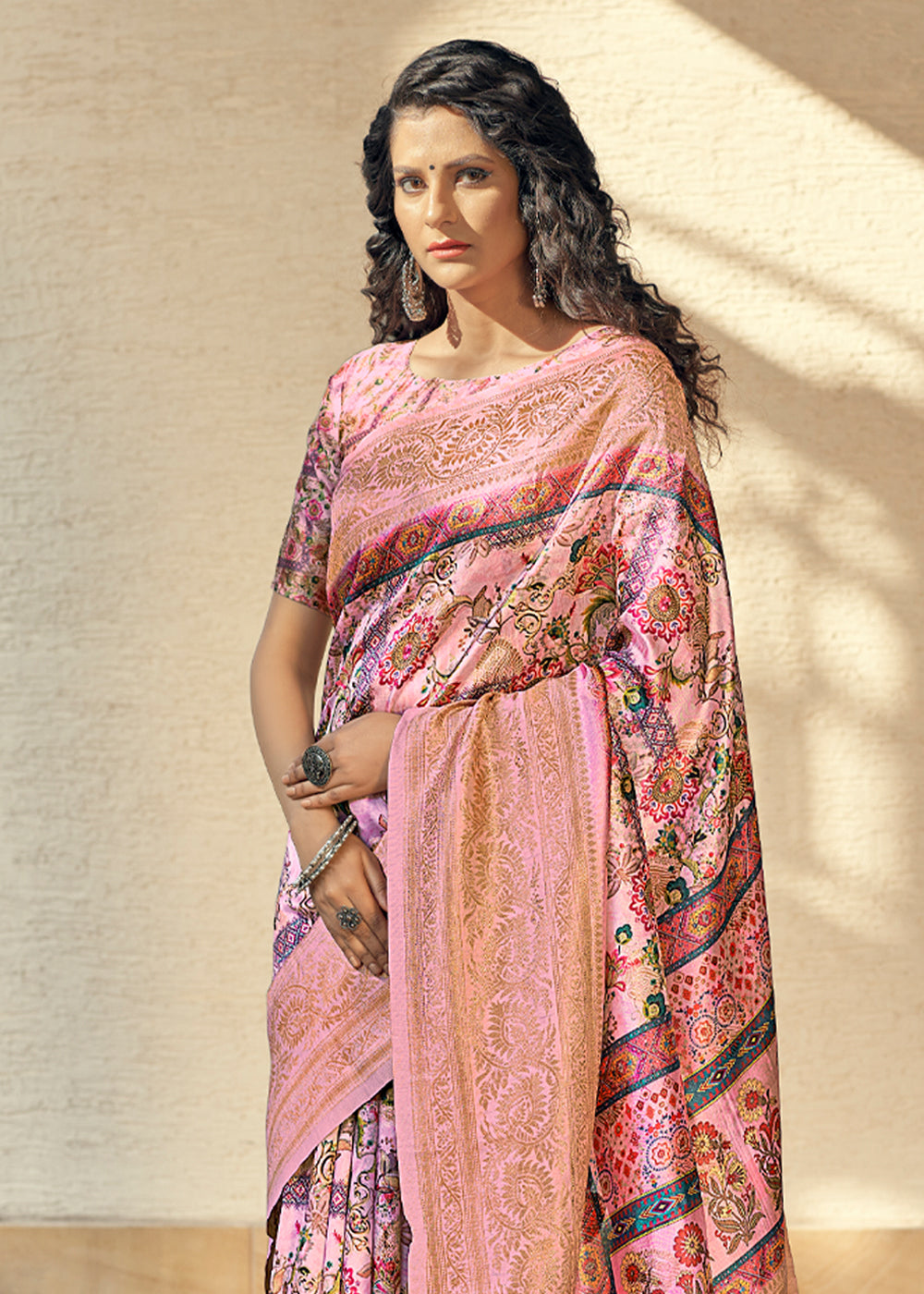 Shimmering Pink Digital Printed Jacquard Silk Saree