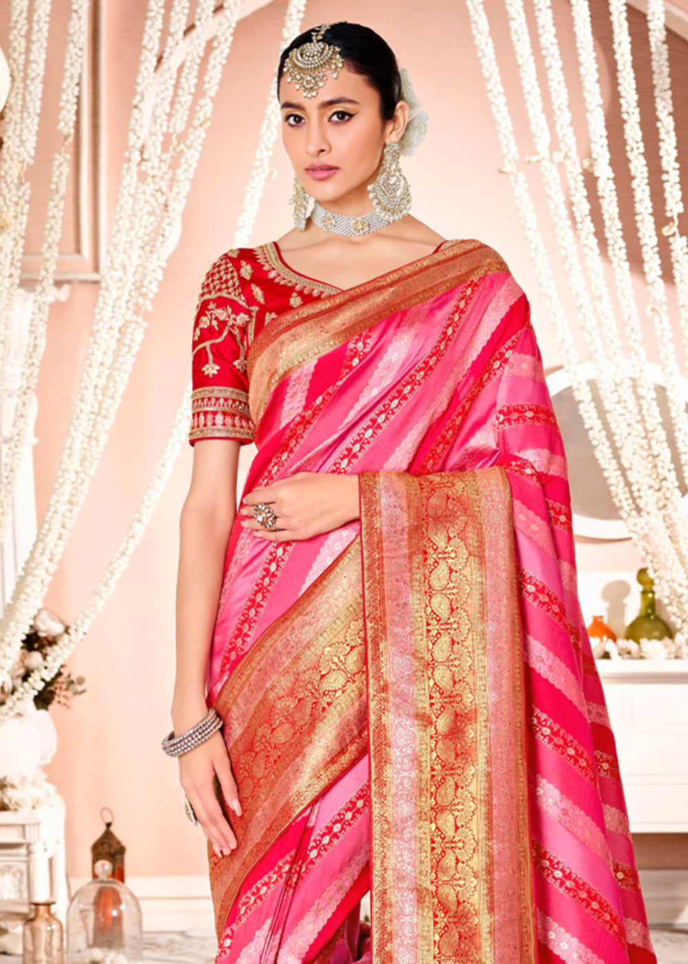 Carnation Pink and Red Zari Woven Banarasi Saree with Designer Blouse