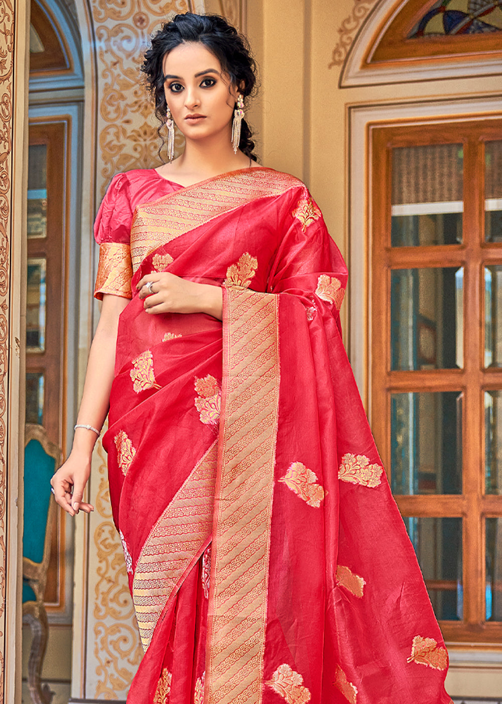 Salmon Reddish Pink Zari Woven Banarasi Organza Saree