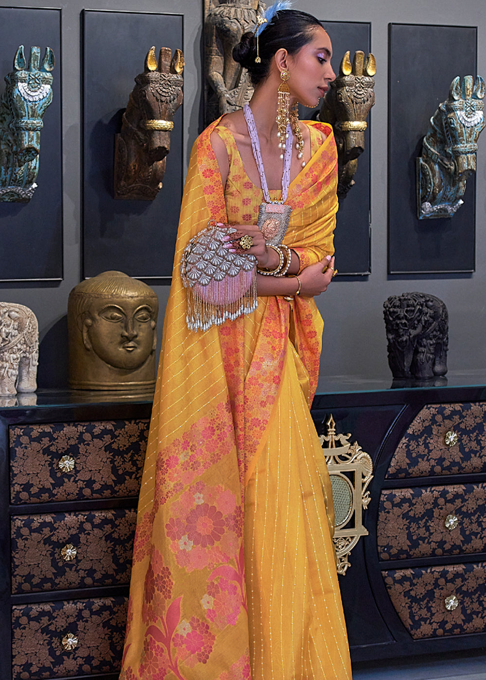 Goldenrod Yellow Woven Dual Tone Organza Banarasi Silk Saree