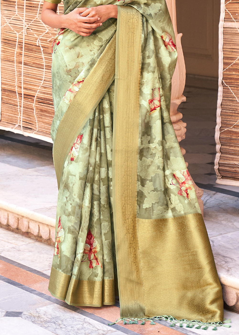 Beryl Green Digital Printed Banarasi Cotton Saree