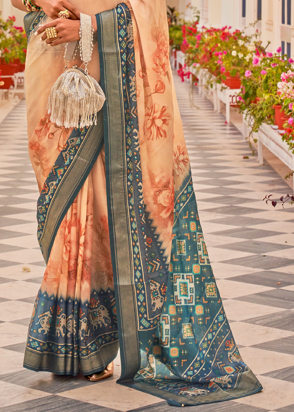 Tumbleweed Peach Printed Chiffon Patola Silk Saree