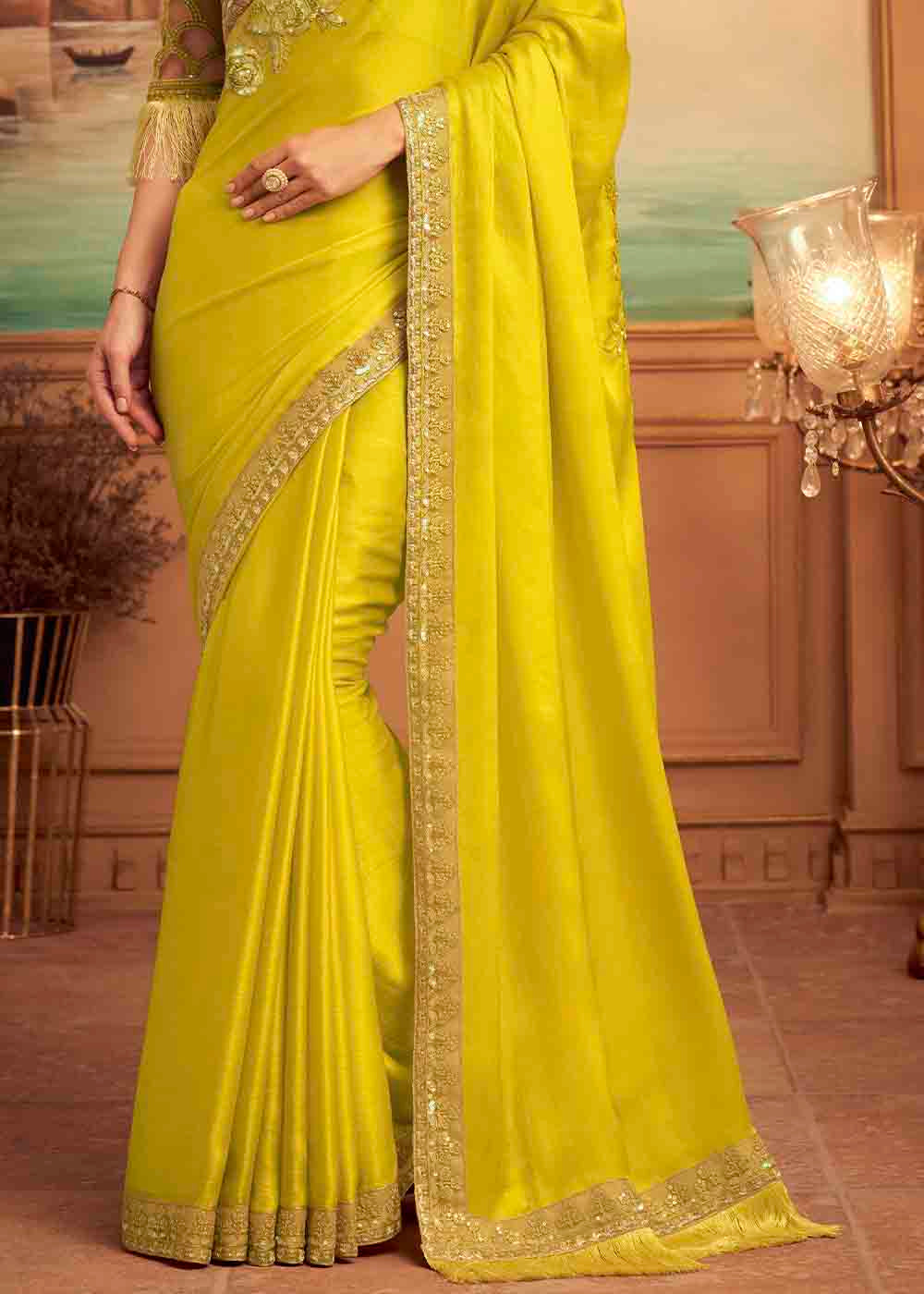 Tulip Tree Yellow Embroidered Satin Silk Designer Saree