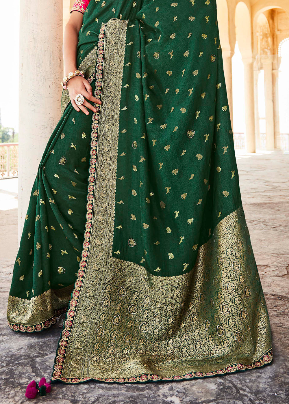 Finlandia Green and Pink Zari Woven Designer Banarasi Saree