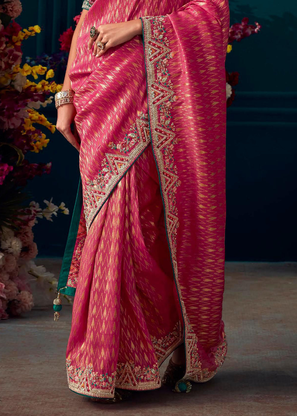 Petite Pink Woven Embroidered Banarasi Silk Saree