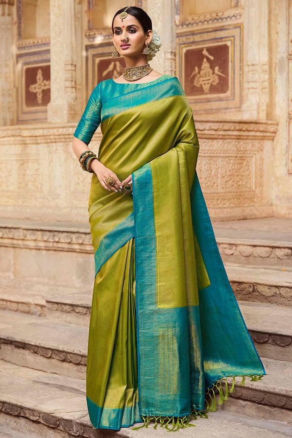 Lemon Ginger Green and Blue Zari Woven Kanjivaram Saree