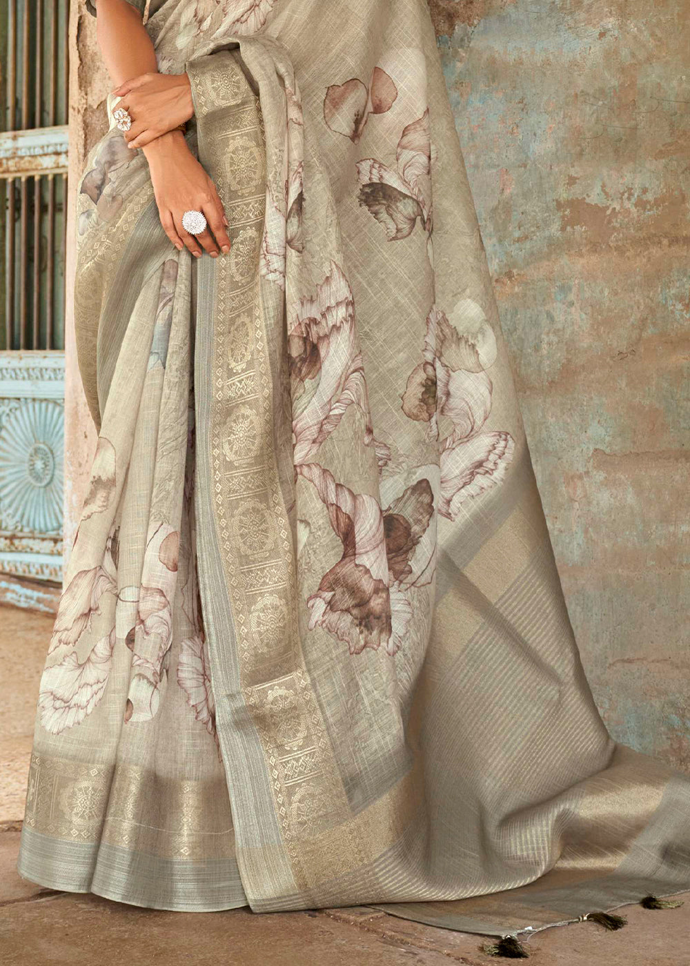 Mongoose Light Grey Floral Printed Linen Silk Saree