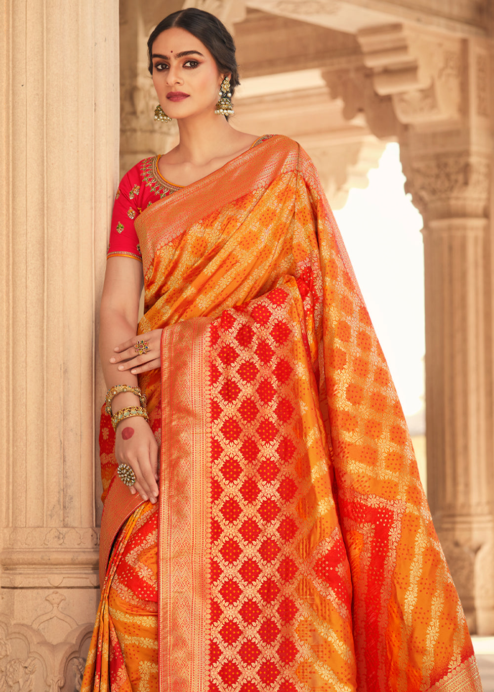 Texas Orange and Red Zari Woven Banarasi Saree with Designer Blouse