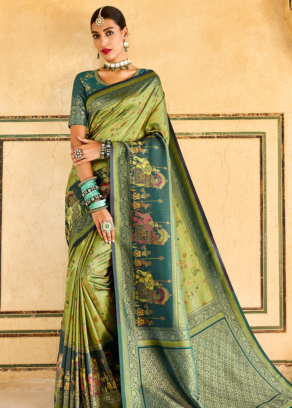 Barley Green Designer Banarasi Saree