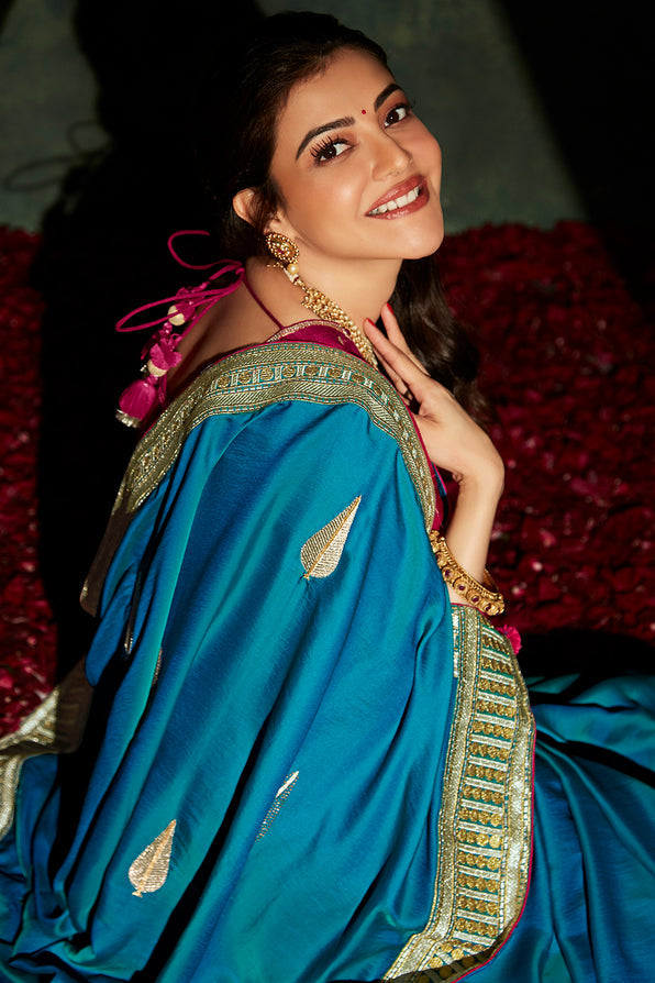 Malachite Blue and Pink South Silk Saree