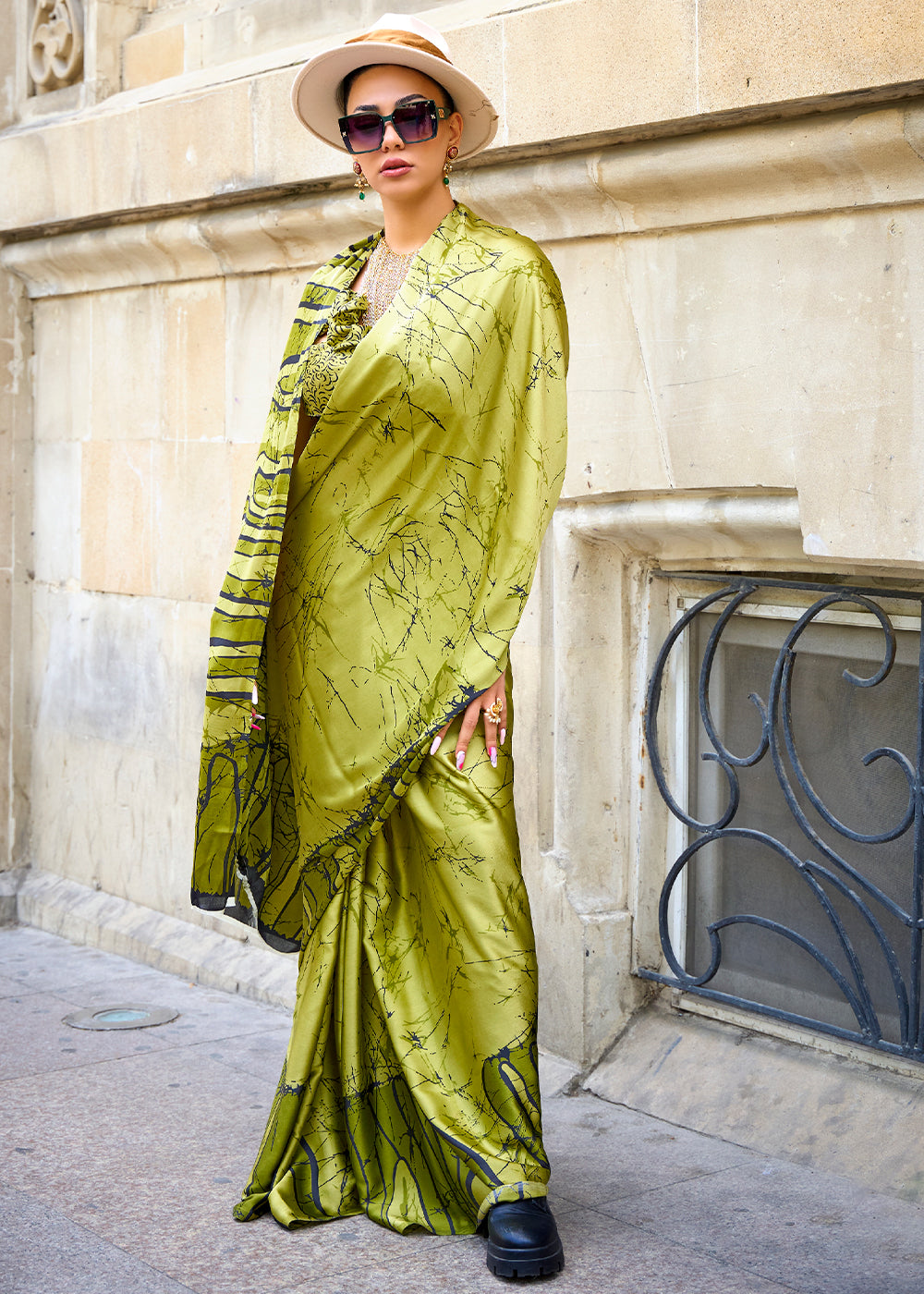 Celery Green Printed Satin Crepe Sarees