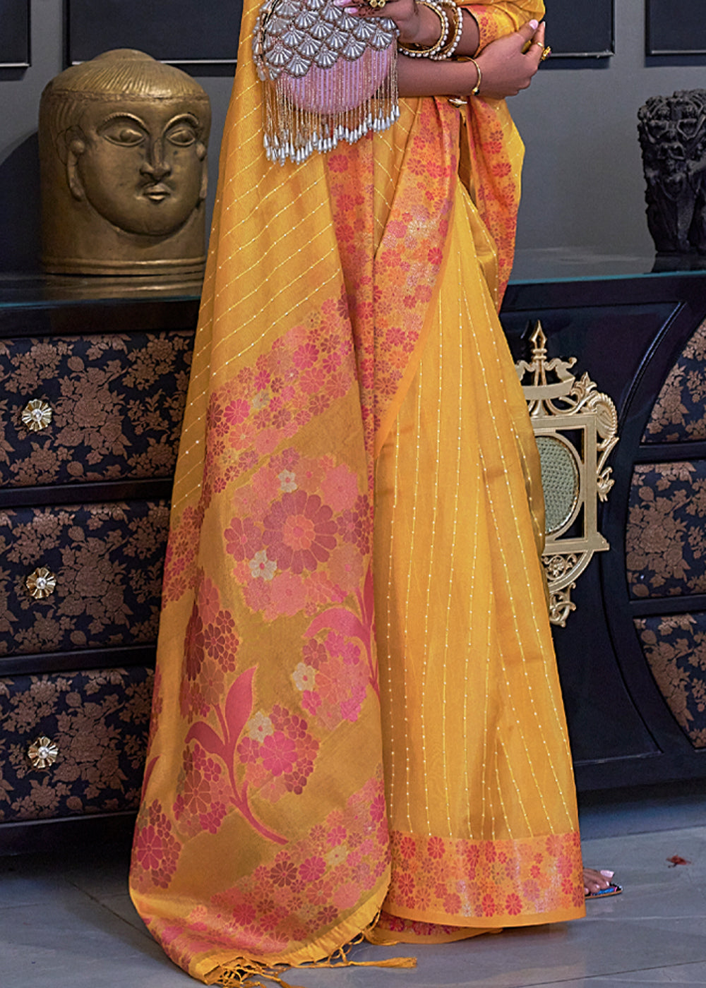 Goldenrod Yellow Woven Dual Tone Organza Banarasi Silk Saree