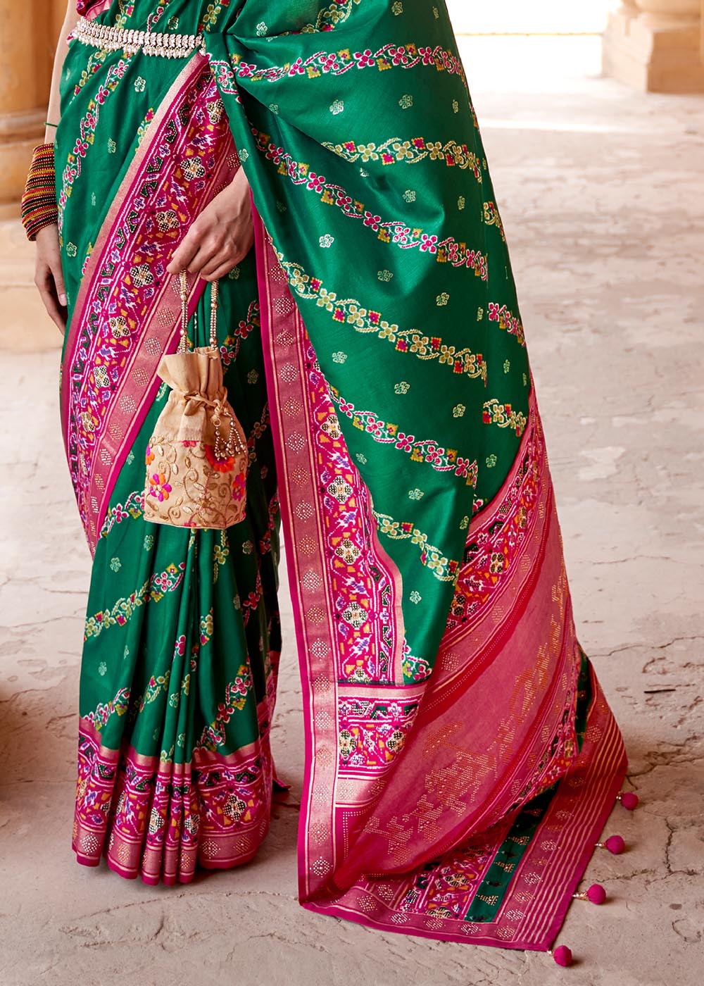 Pine Green and Pink Printed Patola Saree