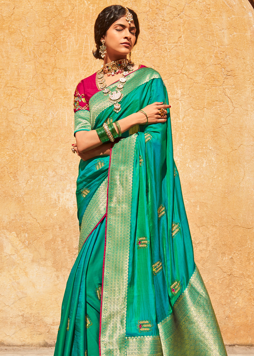 Pine Green and Pink Zari Woven Designer Banarasi Saree