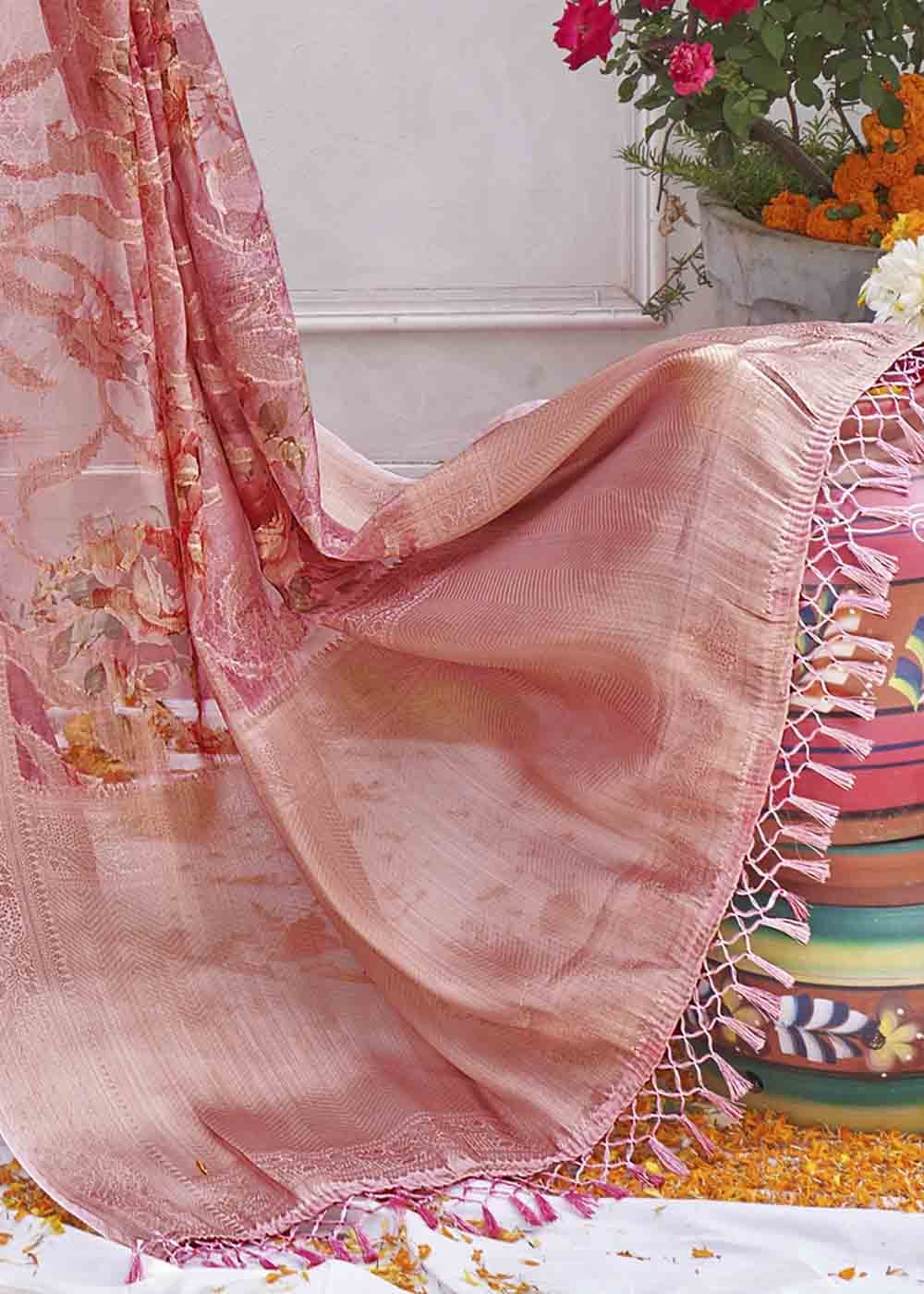 Copper Penny Pink Digital Printed Organza Silk Saree