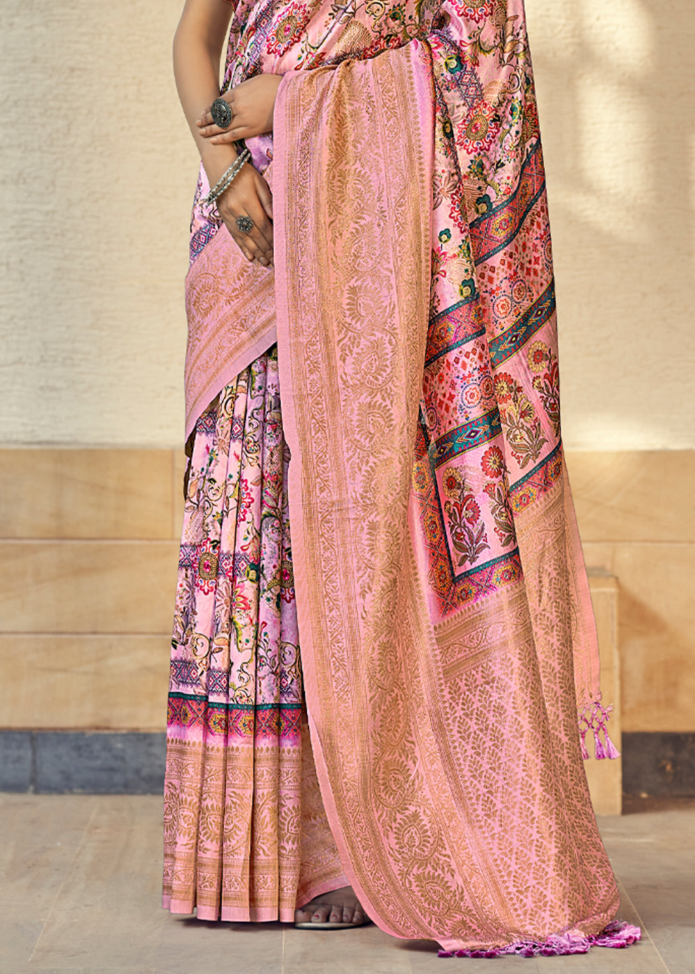 Shimmering Pink Digital Printed Jacquard Silk Saree