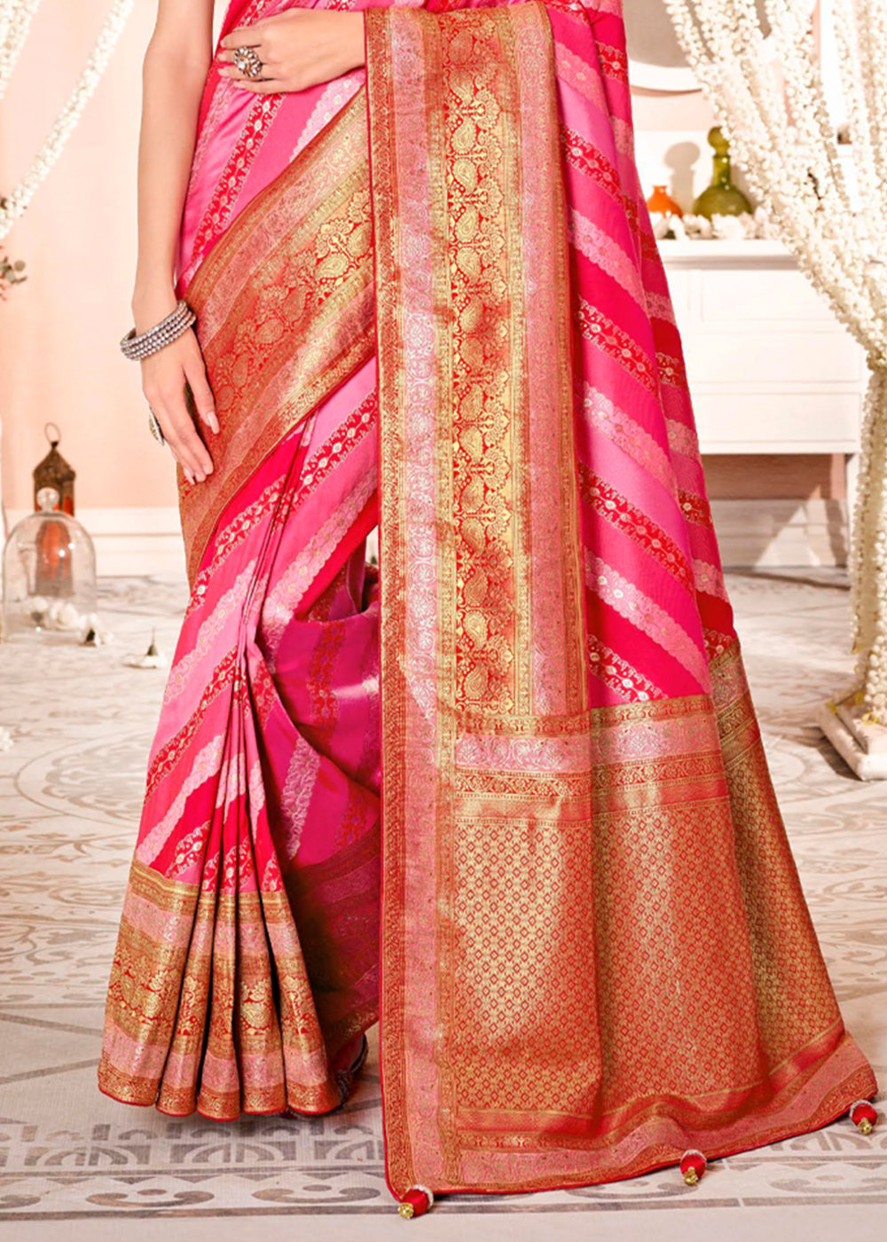 Carnation Pink and Red Zari Woven Banarasi Saree with Designer Blouse