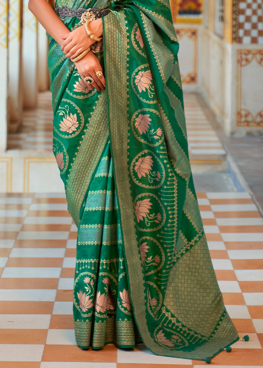 Pine Green Zari Woven Banarasi Saree