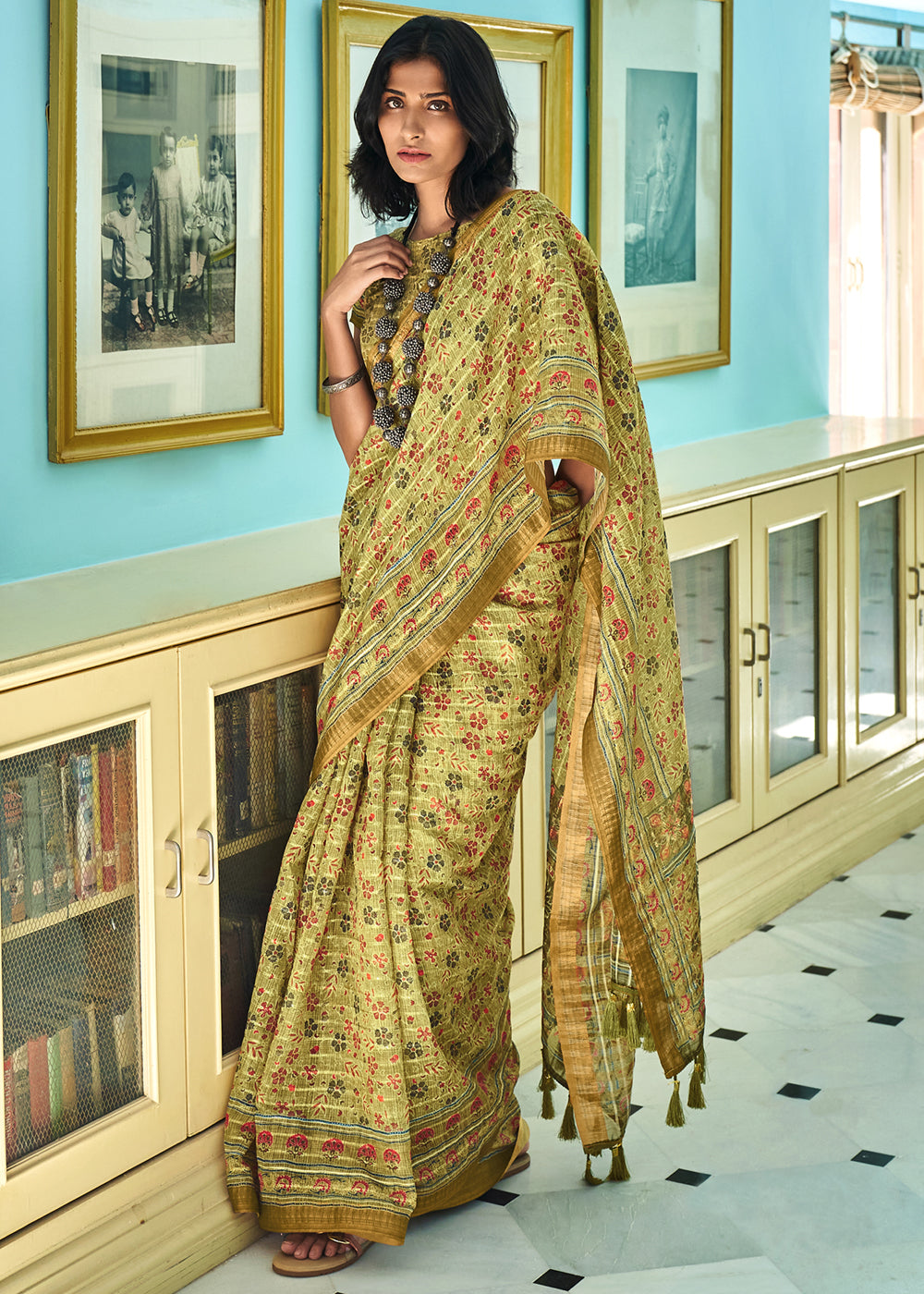 Laser Green Printed Linen Saree