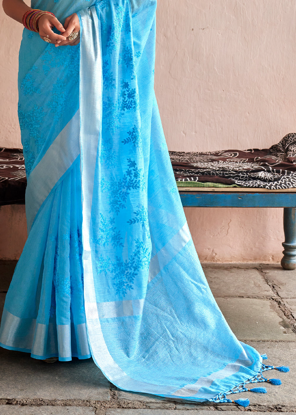 Denim Blue Floral Embroidered Linen Saree