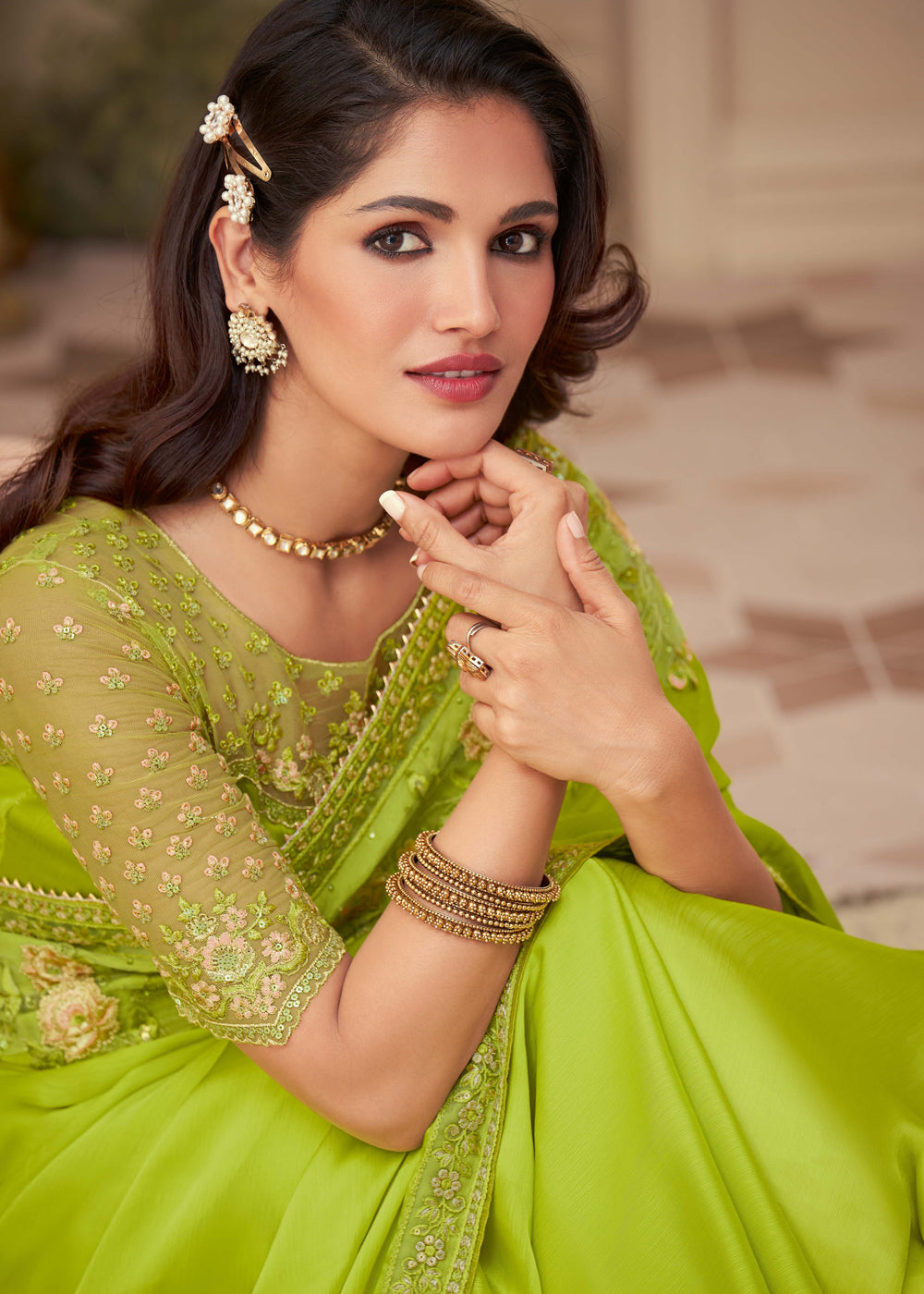 Pistachio Green Georgette Designer Saree with Embroidered Blouse