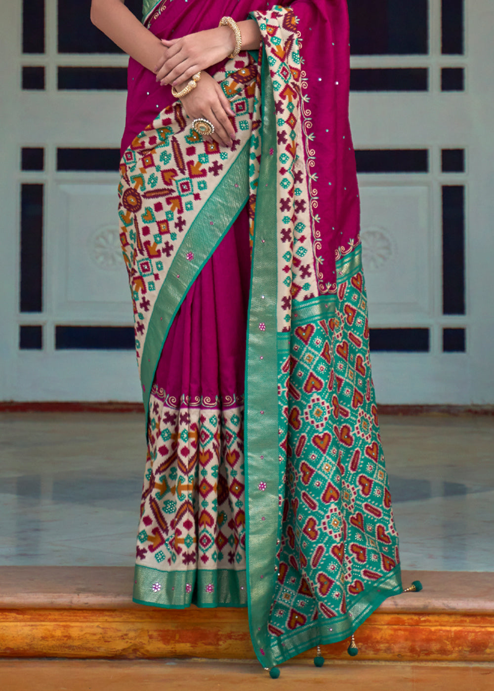 Camelot Dark Pink and Green Woven Patola Silk Saree