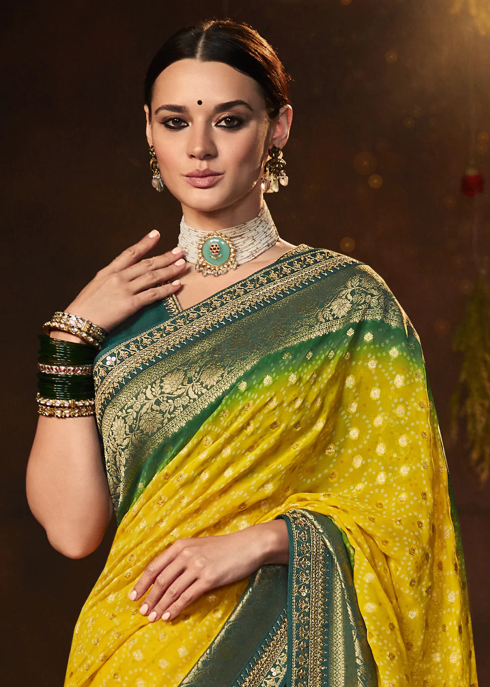 Yellow and Green Handloom Georgette Saree with Embroidered Blouse