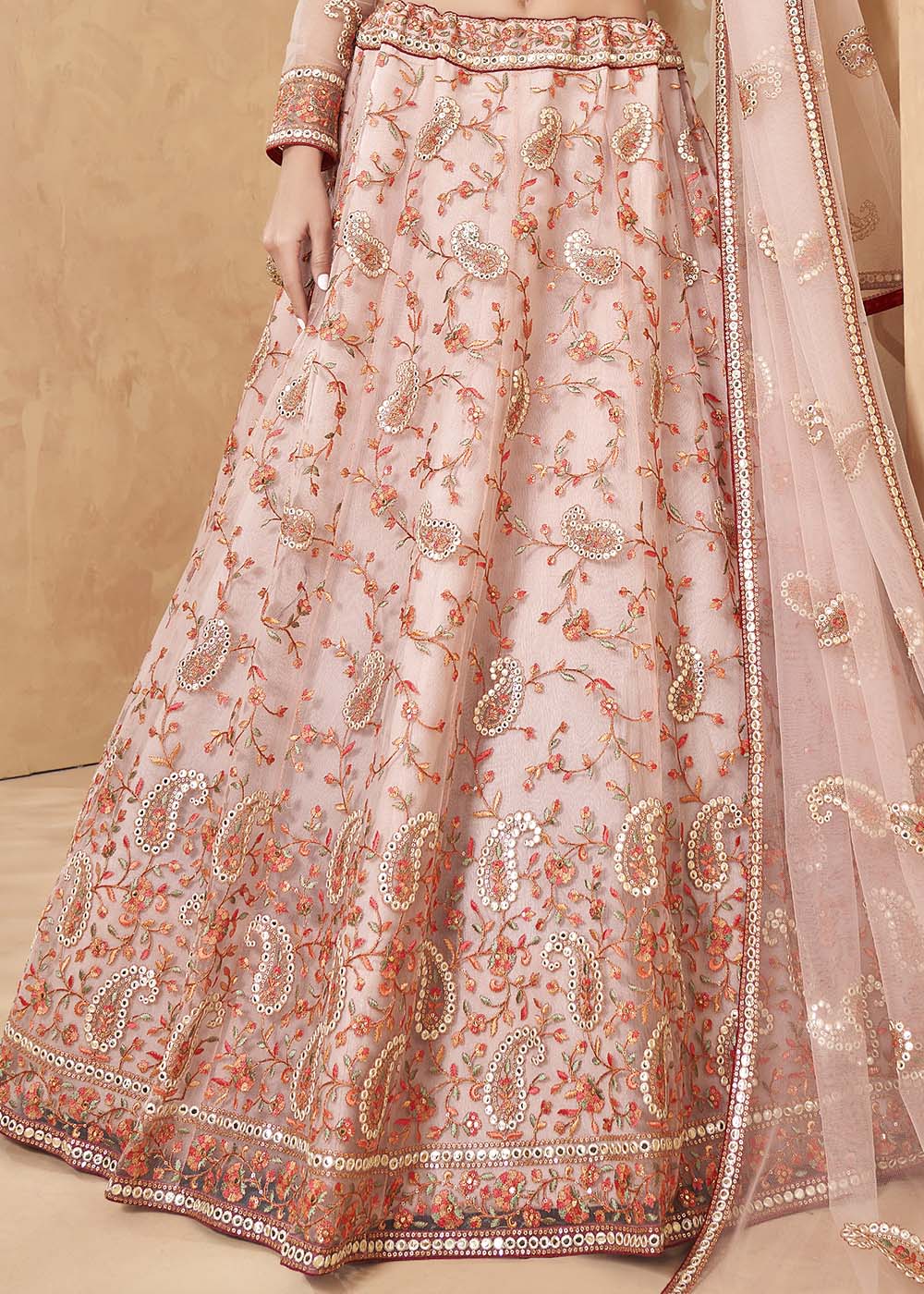 Cavern Pink Designer Net Lehenga with Multi Thread Embroidery Work