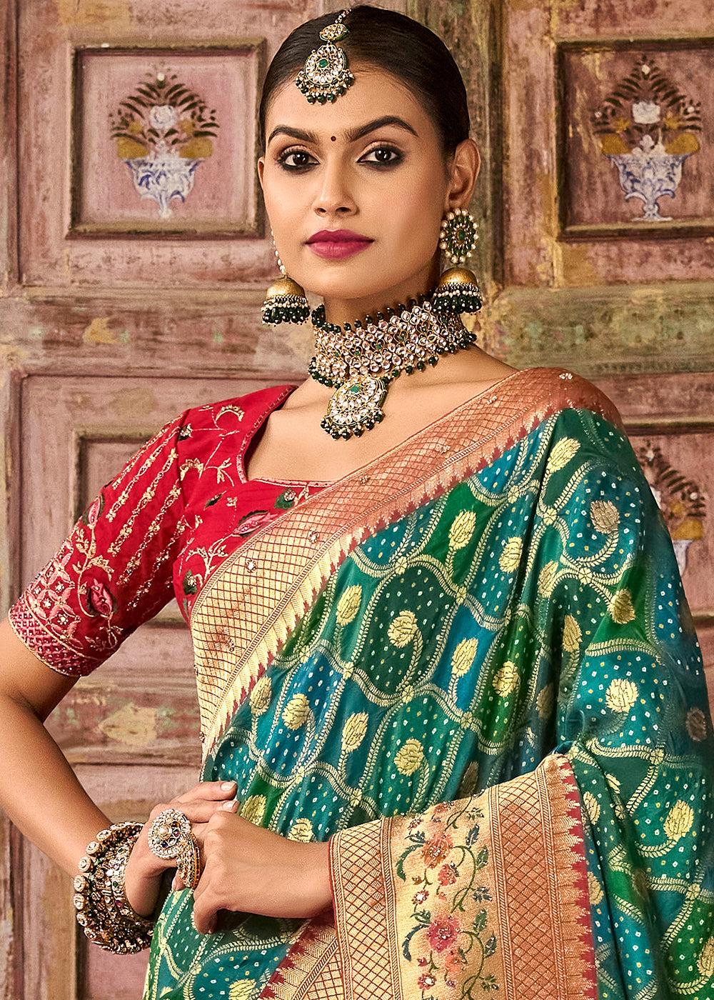 Stromboli Green and Red Patola Printed Dola Silk Saree With Embroidered Blouse